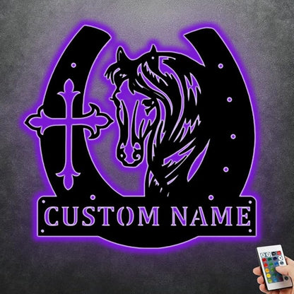 Personalized Name Horse Lamp Custom Wooden/Metal Horse Night Light Horse Wall Art LED Horse Light Farmhouse House Sign Horse Themed Gifts for Girl Birthday Christmas(Cross Horse Sign)