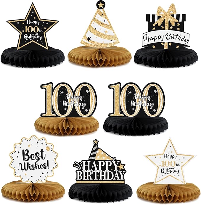 Happy 100th Birthday Decorations,100th Bday Gold Glitter Shiny Stand Honeycomb Table Centerpieces - Cheers to 100 Years Old Birthday Party Photoprop Gift Sign.