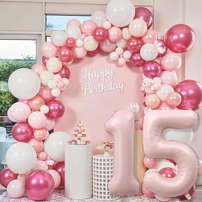 Light Pink Sweet 15th Birthday Balloon for Girls, 40 Inch Self Inflating Mylar Number 15 Balloons, Big Blush Pastel Pink Foil 1 & 5 Helium Balloon 15 for Coquette 15th Birthday Party Decorations