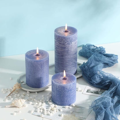 3x4 Inch Blue Pillar Candles Set of 3 - Hand-Poured Unscented Candles, Long Clean Burning, Large Big Candle, Smokeless Dripless Candle for Dinner Table, Wedding, Home, Bathroom, Rustic Decor