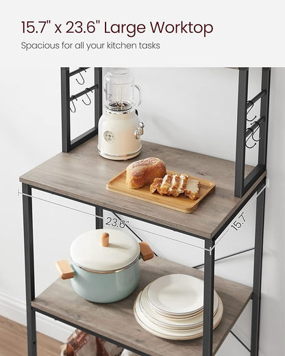 VASAGLE Coffee Bar, 23.6 Inches Baker's Rack for Kitchen with Storage, 6-Tier Kitchen Shelves with 6 Hooks, Microwave Stand, Industrial, Heather Greige and Ink Black UKKS024B02