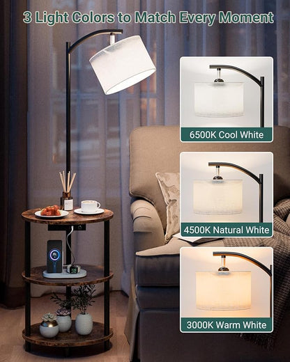 Round Side Table with Lamp and USB Ports, 3-Tier Small End Table for Living Room & Bedroom, Rustic Wood Metal Nightstand for Small Spaces, Easy to Assemble, Rustic Brown