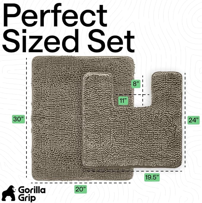 GORILLA GRIP Bathroom Rug Sets, Soft Chenille 2 Piece Area Rugs Set, Toilet Base Mat and 30x20 Carpet, Absorbent Microfiber Washable Mats Dry Quickly, Home Décor and Bath Room Accessories, Latte
