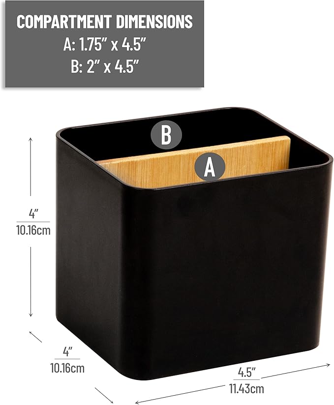 Mind Reader 2-Compartment Desktop Organizer, Removable Wood Divider, Non-Slip Base, Plastic and Wood, Black
