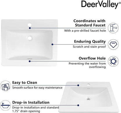 DeerValley Compact Rectangle Drop-In Sink 21x18 Inch, White Ceramic Bathroom Basin with Overflow Guard