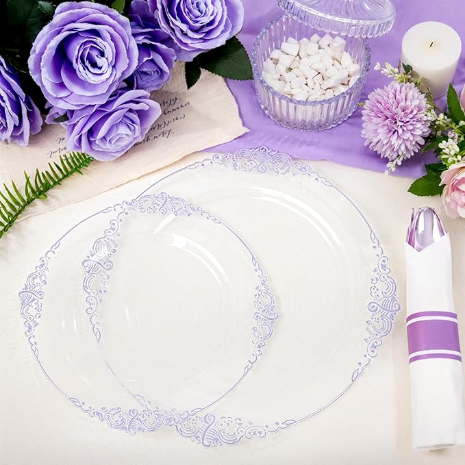 Hioasis 175pcs Clear Purple Plastic Plates - Elegant Disposable Dinnerware Set Suitable for 25 Guests Include 10.25" Dinner & 7.5" Dessert Plates, Pre Rolled Silverware Set, Cups for Party & Wedding