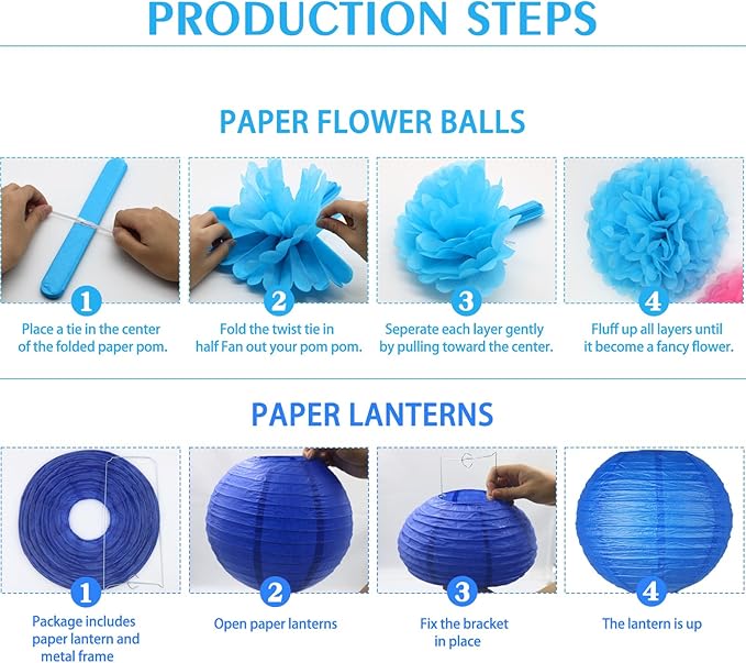 Blue Hanging Party pom pom Set, Paper Flowers Pom Poms Balls and Paper Lanterns for Under The Sea Party Decorations Wedding Birthday Bridal Baby Shower Graduation, 15pcs