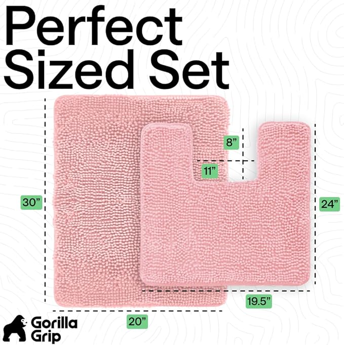 GORILLA GRIP Bathroom Rug Sets, Soft Chenille 2 Piece Area Rugs Set, Toilet Base Mat and 30x20 Carpet, Absorbent Microfiber Washable Mats Dry Quickly, Home Décor and Bath Room Accessories, Lt Pink