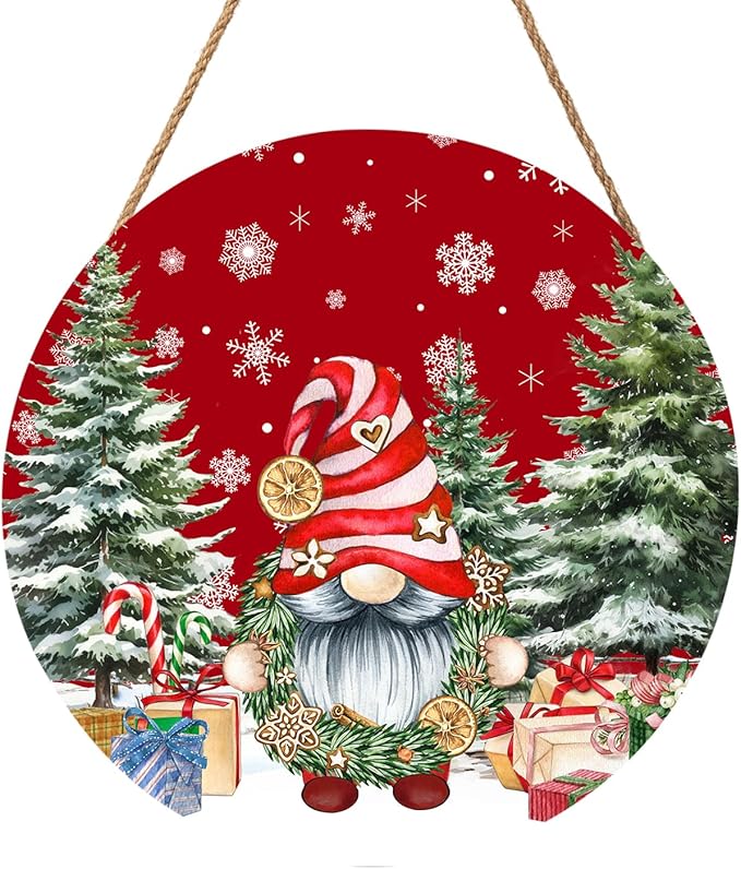 Christmas Gnome Welcome Sign - Merry Christmas Door Hanger, 12'x12' Wooden Hanging Sign for Front Door, Porch Decor, Winter Wreath