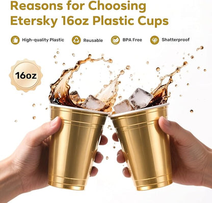 100PCS Gold Plastic Cups, 16oz Disposable Party Cups Bulk Pack, BPA Free Drinking Cups for Soda Juice Beer Cold Drinks Suitable for Wedding Halloween Thanksgiving Christmas Birthday Celebrations