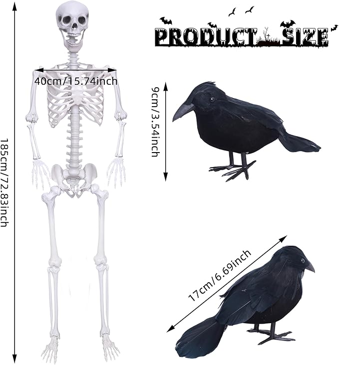 Wocst 6Ft Life Size Skeleton Posable Skeleton with Movable Joints Halloween Full Body Plastic Human Bones with 2PCS Black Crows for Halloween Indoor Outdoor Decor