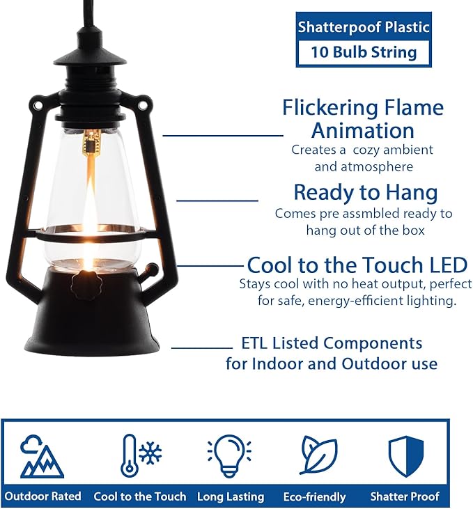 10 Light LED Flicker Flame Plastic Oil Lamp String Set, 20ft Black Wire – Indoor/Outdoor Vintage Flame Effect