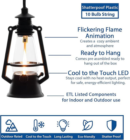 10 Light LED Flicker Flame Plastic Oil Lamp String Set, 20ft Black Wire – Indoor/Outdoor Vintage Flame Effect