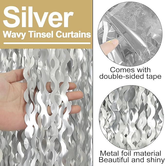 4 Pack Silver Fringe Curtain Backdrop 3.2Ft x 8.2Ft Metallic Tinsel Foil Fringe Streamers Background for Photo Booth Mother's Day, Easter, Carnival, Birthday, Wedding Party Decoration