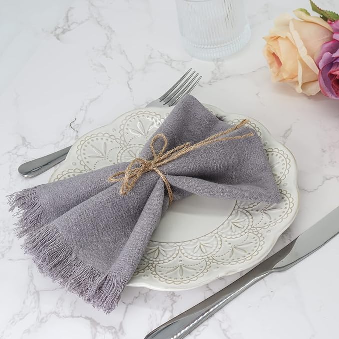 Handmade Cloth Napkins with Fringe,18 x 18 Inches Cotton Linen Napkins Set of 4 Versatile Handmade Square Rustic Fringe Napkins for Dinner, Wedding and Parties, Gray