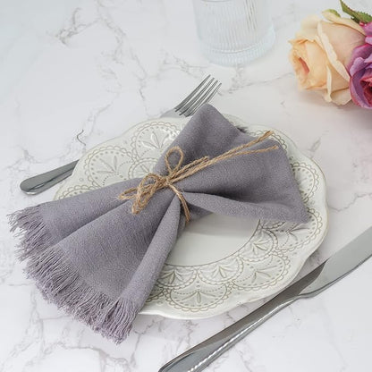 Handmade Cloth Napkins with Fringe,18 x 18 Inches Cotton Linen Napkins Set of 4 Versatile Handmade Square Rustic Fringe Napkins for Dinner, Wedding and Parties, Gray