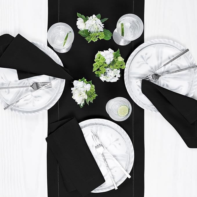 Solino Home Linen Black Table Runner 48 Inches - Classic Hemstitch, 100% Pure Linen Coffee Table Runner 14 x 48 Inch Ideal for Dresser Tables - Fall, Autumn, Winter, Holiday