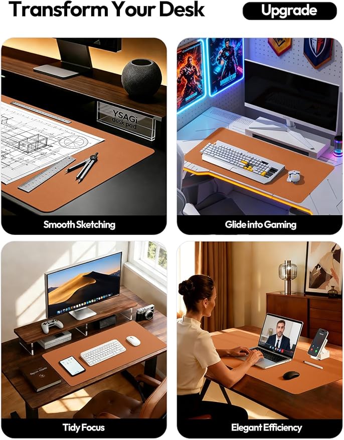 YSAGi Leather Desk Protector, Office Mat, Large Mouse Mat, Non-Slip PU Leather Blotter, Laptop Desk Pad, Waterproof Writing Pad for Office and Home (Brown, 47" x 17")