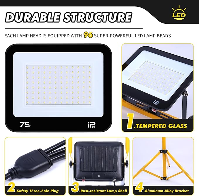 86In 22500 Lumen Work Lights with Stand, 3 Adjustable Head LED Light, 38.2''- 75.2'' & Foldable Tripod Waterproof Lamp Individual Switch 7500 Kelvin Color Temperature