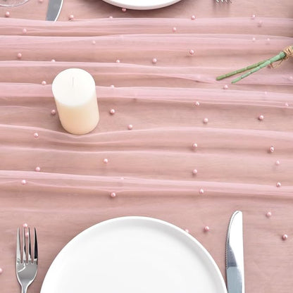Dusty Rose Pearl Fall Thanksgiving Table Runner Boho Rustic Tulle Lace Table Runner for Baby Shower Wedding Arch Decor Veil Dessert Table Decor