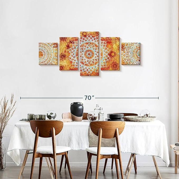 ElephantStock - Sun Like Mandala Symbols Wall Art - Horizontal Multi Panel Canvas - 5 Piece Living Room Wall Decor - Digital Art Elements Multi Piece Wall Art - Orange And Blue Decor - 55" x 24"