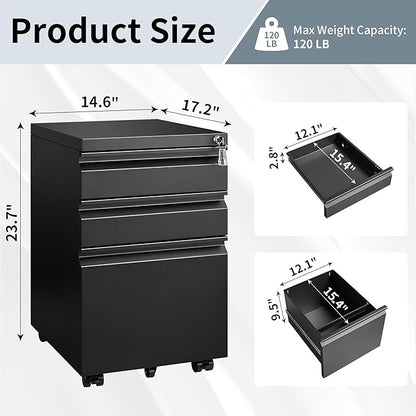 3 Drawer File Cabinet for Home Office, Under Desk Mobile Filing Cabinet with Lock for A4-Size/Letter-Size/Legal-Size, Black (HSEJ-3D)