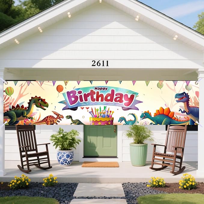 Nuxovilar Happy Birthday Banner Decorations 17.72x78.74 Inch Dinosaur Theme - Polyester for Indoor Outdoor Birthday Party Decor
