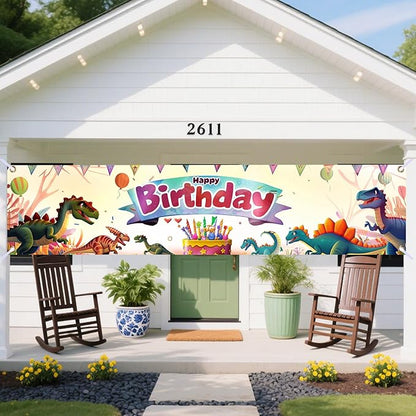 Nuxovilar Happy Birthday Banner Decorations 17.72x78.74 Inch Dinosaur Theme - Polyester for Indoor Outdoor Birthday Party Decor