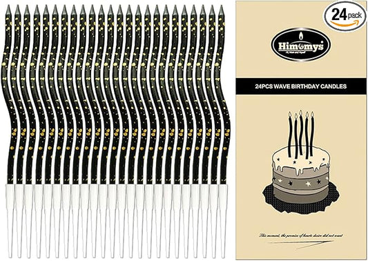 Spiral Long Thin Birthday Candles for Cake – Metallic Cake Decorations, Happy Birthday Candles with Holders, Long Lasting & Safe (24, Black+Gold Spots)
