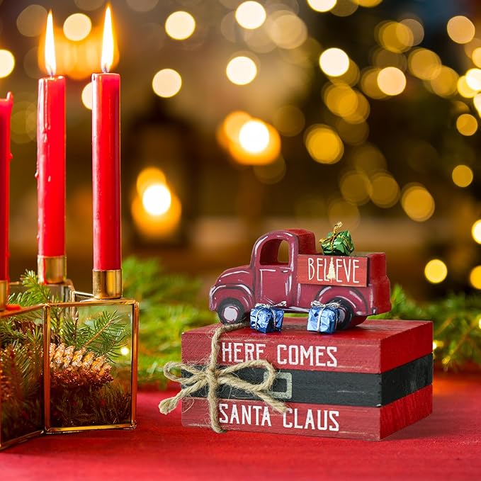 Smile Christmas Wooden Books Stack, Santa Claus Belt Sleigh Faux Books Bundle, Rustic Tiered Tray indoor Decorations, for Home Kitchen Table Mantle Shelf