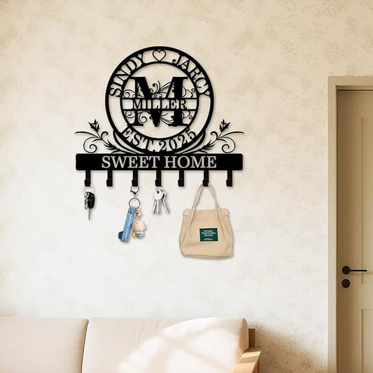 Custom Key Holder for Wall, Personalized Key Rack Wall Mount with Monogram Design, Key Rack Holder Wall Mount for Living Room Bedroom, Housewarming Wedding Gift (02-Monogram)