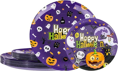 U-QE 20Pcs Halloween Plastic Plates - Cute Ghost and Pumpkins Design - Purple Plastic Plates Includes 10 10.25" Dinner & 10 7.5" Salad Plate - Perfect for Halloween Party, Ghost Party