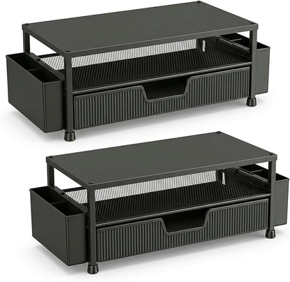 Desk Organizer and Accessories, 2-Tier Computer Monitor Stand Rise with Storage Drawer & 2 Pen Holders, Laptop & Printer Stand for Desktop, Workspace Organizers for Office Supplies (Black 2-Pack))