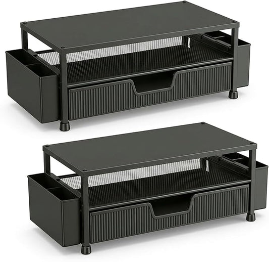 Desk Organizer and Accessories, 2-Tier Computer Monitor Stand Rise with Storage Drawer & 2 Pen Holders, Laptop & Printer Stand for Desktop, Workspace Organizers for Office Supplies (Black 2-Pack))