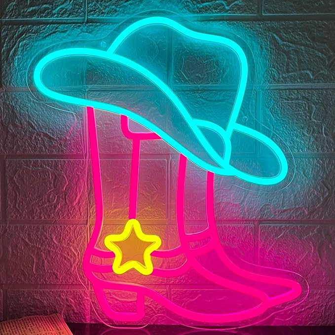 Cowboy Boot Neon Sign, Neon Cowboy Hat Sign,LED Pink Western Cowgirl Boots Neon Lights Sign for Wall Decor, Cowboy Hats Neon Light Up Signs USB Powered for Bedroom Art, Game Room Party, Birthday Party, Christmas