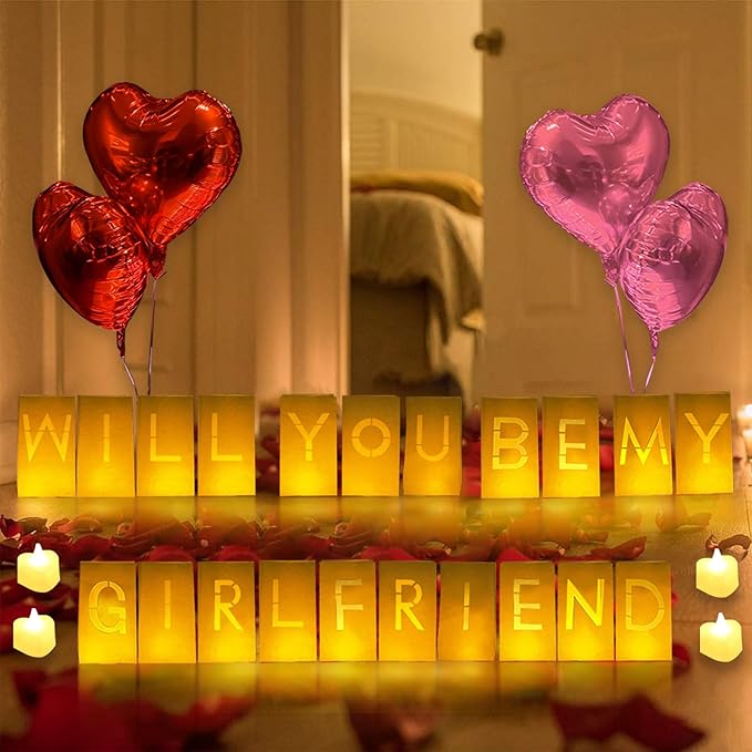 Will You Be My Girlfriend Lighted Letters Sign 21pcs Luminary Paper Bags 2200pcs Red Pink Artificial Rose Petals 48pcs Flameless LED Candle Tealight 10pcs Heart Balloons Romantic Night Valentine's Day