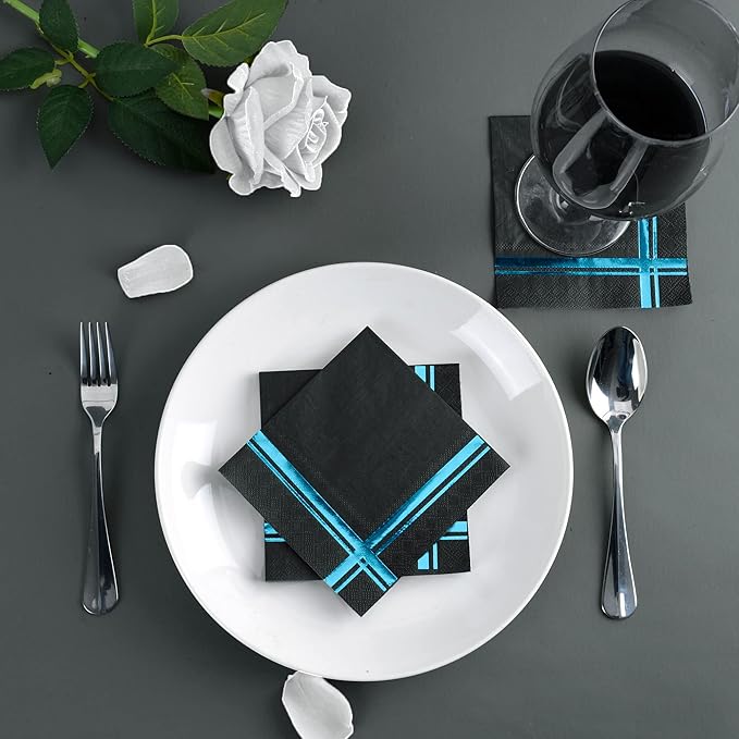 Light Blue on Black Cocktail Napkins - 100 Pack, 5" x 5", 3-Ply Paper - Style Name: Blissful Crossing