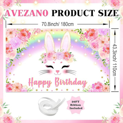 Avezano Bunny Birthday Banner Pink Floral Rainbow Bunny Happy Birthday Party Decorations Bunny Birthday Banner Decorations for Girls Rabbit Spring Easter Birthday Party Supplies 70.8 x 43.3 Inch