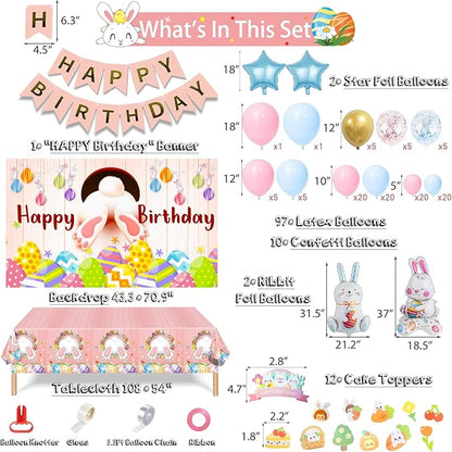 Easter Themed Happy Birthday Party Decorations, Rabbit Egg Backdrop Tablecloth, Happy Birthday Banner, Bunny Foil Confetti Balloons, Cake Topper, Colorful Latex Balloons for Boys Girls