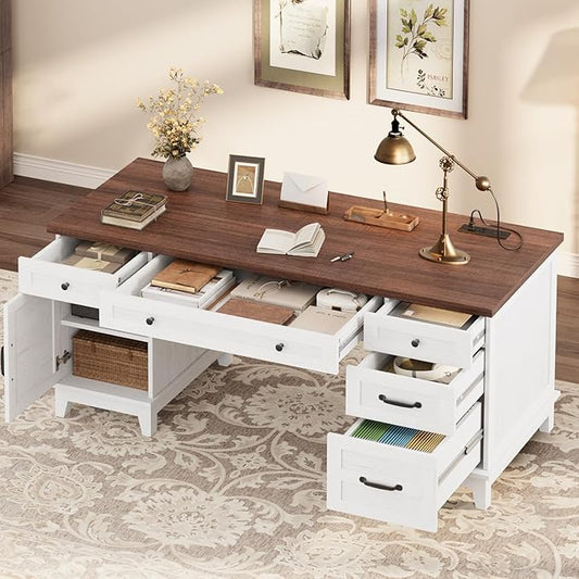 60 Inch Farmhouse Executive Desk with File Drawers for Home Office, Large Computer Desk with Storage Cabinet & Charging Station, Wooden Writing Table with Power Outlets & USB Ports for Work Study