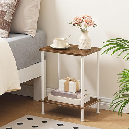 HOOBRO End Tables Set of 2, Small Side Table, Nightstand with 2-Layer Storage Shelves, Sofa Table for Small Spaces, Living Room, Bedroom, Stable Frame, Easy Assembly, Walnut and White WH09BZP201
