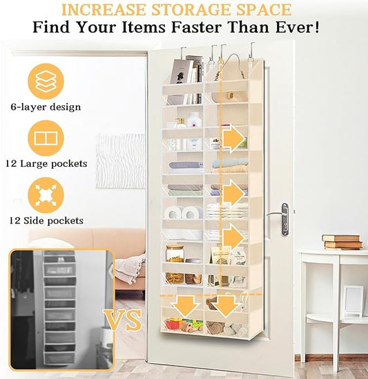 2 Pack Over The Door Organizer 6 Tiers, Extra Large Behind Door Storage of 12 Compartments, 80 lbs Weight Capacity Hanging Storage Organizer with Clear Window Kids Toys,Shoes (6 Tiers - Beige)