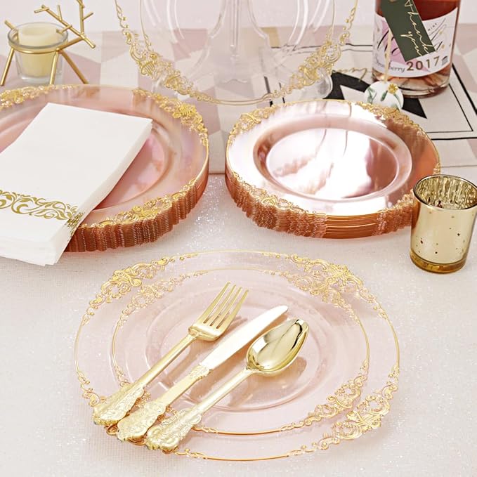 Hioasis 175pcs Clear Pink Plastic Plates - Elegant Disposable Dinnerware Set Suitable for 25 Guests Include 10.25" Dinner & 7.5" Dessert Plates, Cutlery, Napkins, Cups for Party & Wedding