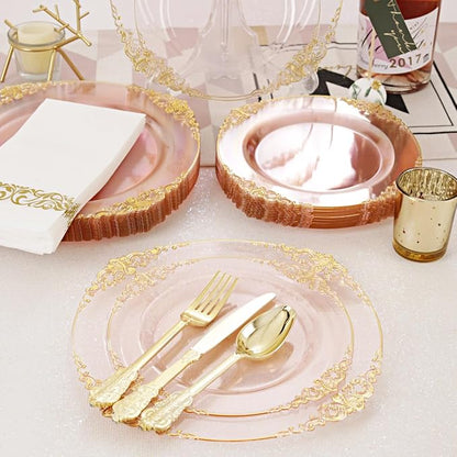 Hioasis 175pcs Clear Pink Plastic Plates - Elegant Disposable Dinnerware Set Suitable for 25 Guests Include 10.25" Dinner & 7.5" Dessert Plates, Cutlery, Napkins, Cups for Party & Wedding