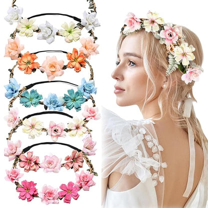 Women Headpieces Collection Accessories 6 PCS Boho Hair Wreaths, Flower Crowns, Tiaras for, Brides, Bridesmaids, Flower Girls, Weddings