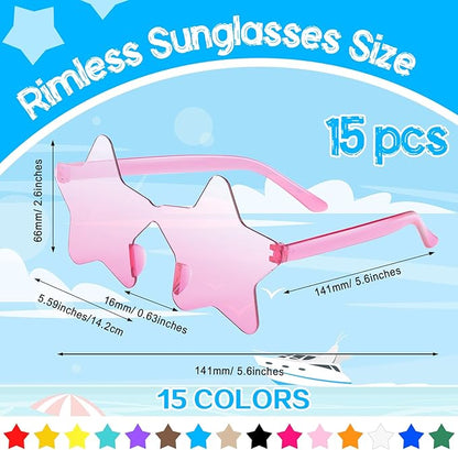 PLULON 15 Pairs Star Sunglasses Rimless Star Shape Sunglasses, Colorful Star Glasses Bulk Bachelorette Sunglasses Star Party Favors for Birthday Beach Kids Adult - Multicolor