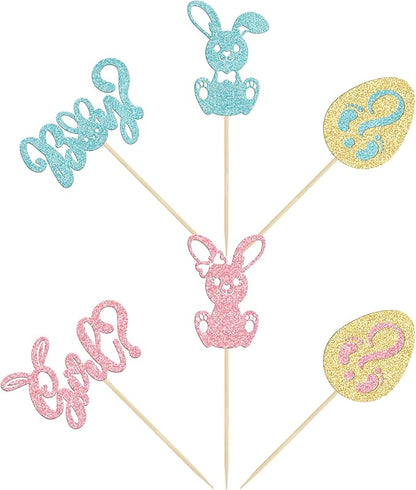 24pcs Gender Reveal Cupcake Toppers - Blue Pink Glitter Bunny Egg Cake Picks - Happy Easter Cake Decorations - Bunny Easter Theme Spring Theme Babyshower Birthday Party Decorations