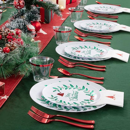 Liacere 175PCS Christmas Plastic Plates - White & Green; Includes 50 Wreath Plates, 25 Red Cutlery, 25 Cups, 25 Tree Napkins