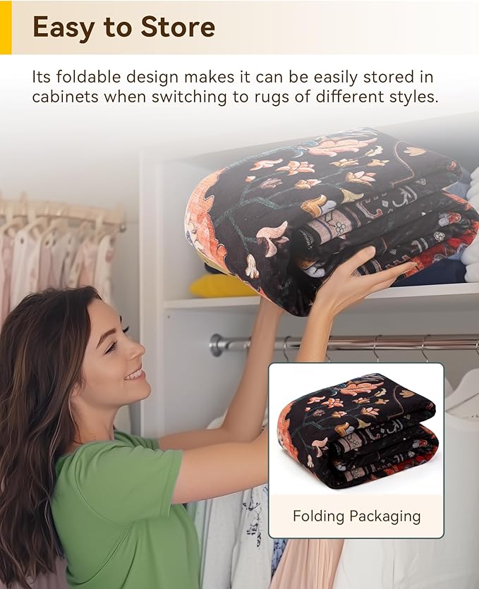 Area Rugs 10'x12' Washable Non-Slip, Floral Vintage Distress Print Pattern Medallion Carpet for Living Room Bedroom Dining Room, Black Colorful Floral Dark Tan