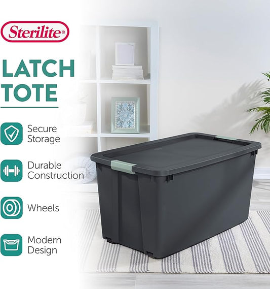 Sterilite 8 Pack 45 Gallon Wheeled Latch Tote, Stackable Plastic Storage Bin, Gray/Green